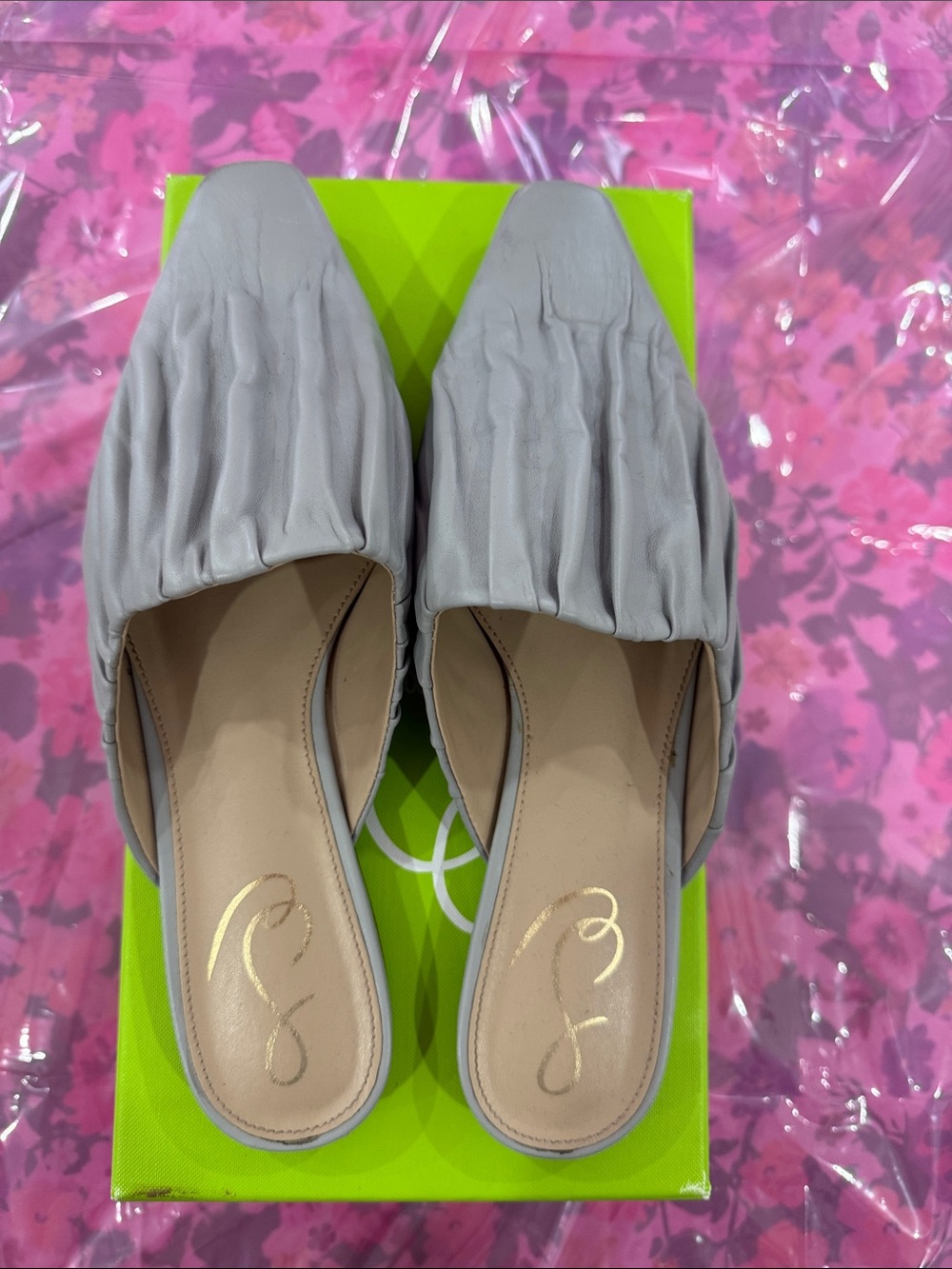 Sam Edelman Light Gray Ruched Leather Slip-On Mules